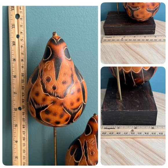 Vintage 70's Peruvian Hand-Carved Gourd Birds Sculpture Set On Wooden Base - Picture 9 of 10